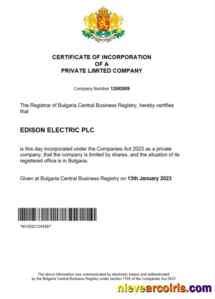 Bulgaria certificate of registration